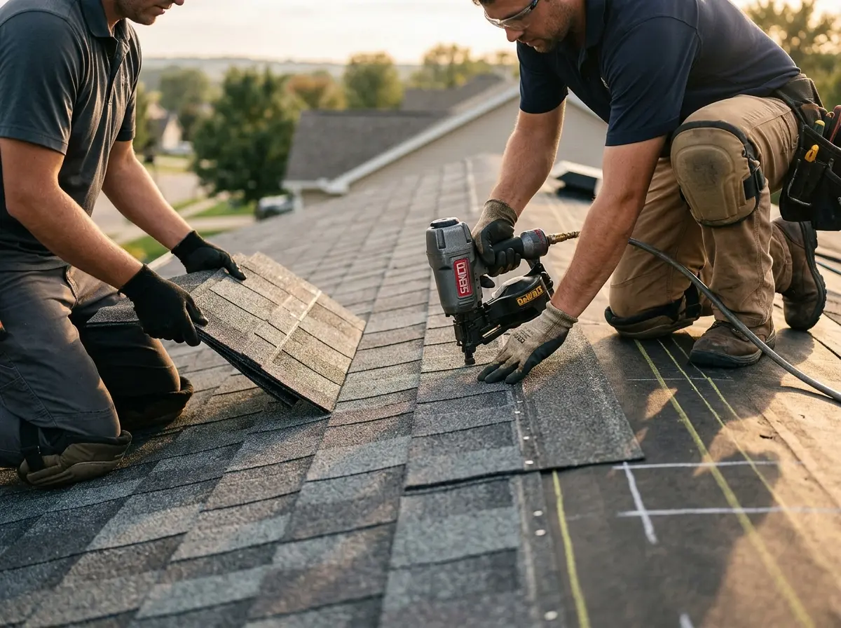 Professional roofer working on a residential roof in Vienna